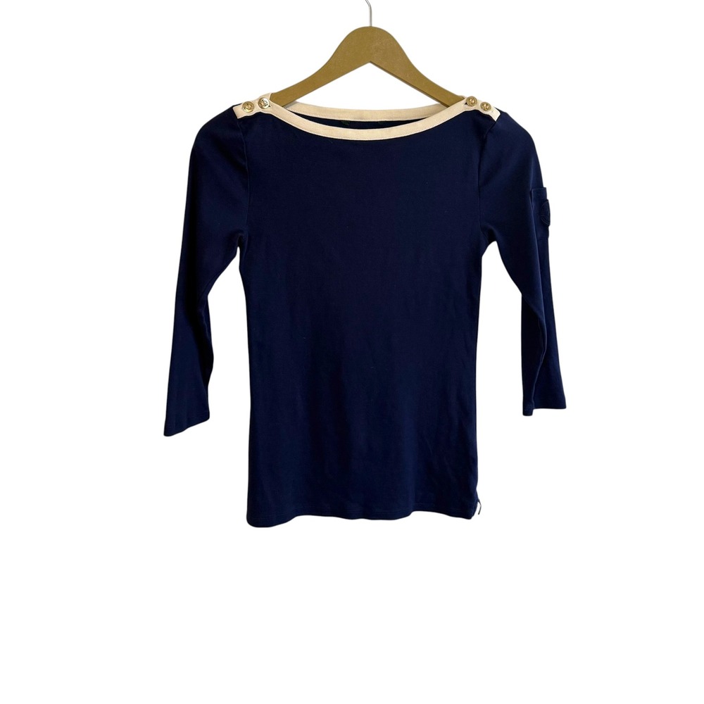Lauren Ralph Lauren Navy Blue White Boat Neck 3/4 Sleeve Top Nautical Coastal
